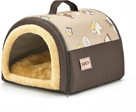Jiupety Cozy Small Pet Dog House, 2 in 1 Puppy House, S Size for Cat and Puppy, Warm Cave Sleeping Nest for Cats and Dogs, S(15"×12"×11"), Up to 5.5 Lb, Brown