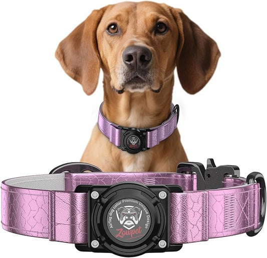 AirTag Dog Collar - Leather Dog Collar with Airtag Holder | IP68 Waterproof AirTag Holder with Metal Buckle, Comfortable GPS Dog Collars Tracker for Medium Large Dogs (Rose Gold, M)
