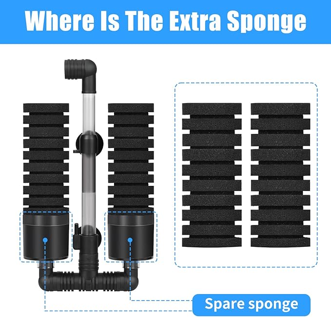 AQUANEAT Aquarium Air Powered Sponge Filter with Ceramic Media Balls, for Betta Fry Shrimp Fish Tank, with 2 Spare Sponges, up to 40Gal