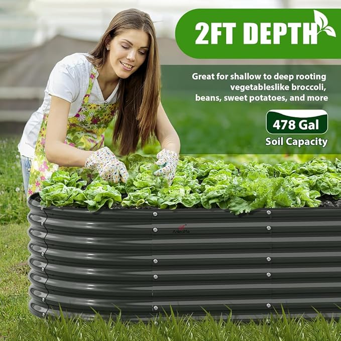A ANLEOLIFE 8x4x2ft Galvanized Raised Garden Bed Kit, Oval Metal Deep Root Planters for Outdoor Plants Vegetables Flowers Herb, Large Bottomless, 478 Gallon Capacity- Quartz Grey