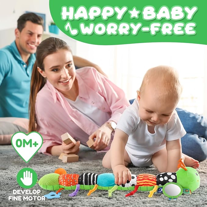 Baby Toys 0-6-12 Months,Musical Caterpillar Stuffed Animals Activity Infant Toys with Crinkle,Rattles,Mirror&Pull String,Muti-Sensory Toys Gifts for Newborn Tummy Time,Green,Knot prolegs