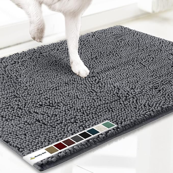 Muddy Mat® 2-in-1 Set: AS-SEEN-ON-TV Grey Microfiber Door Mat (30"X19") & Doggy Dryer Plush Shammy Towel - Non-Slip, Washable & Highly Absorbent Solutions for Soggy Paws & Clean Floors