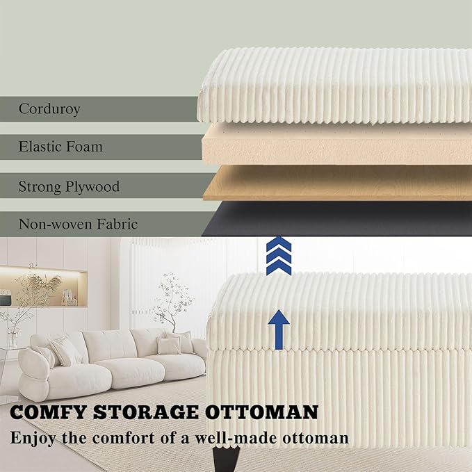 48" Ottoman with Storage, Corduroy Storage Ottoman Bench for Bedroom, End of Bed Bench with Safety Hinge for Living Room, Bedroom, Entryway, White