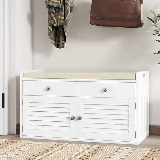 Shoe Storage Bench with 2 Drawers & 2 Doors, Entryway Bench with Cushion, 2 Adjustable Shelves, Shoe Cabinet for Entryway, Living Room, Hallway, Mudroom, Bedroom, White