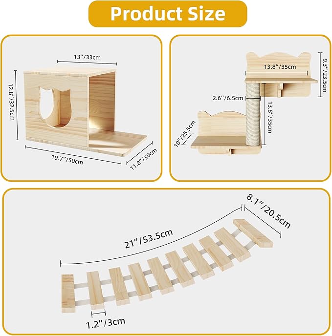 Cat Wall Shelves, Cat Wall Furniture Pine Wooden Feline Shelf, 5 Piece Shelves and Perches with Bed, House, Steps, Bridge Ladder and Scratching Post