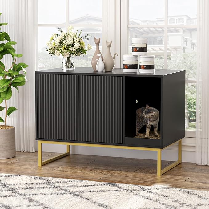 Cat Litter Box Enclosure, Fluted Hidden Litter Box Furniture with Scratch Pad and Metal Legs, Modern Enclosed Cat Cabinet, 31.5 x 17.7 x 21.7 Inches Indoor Pet House for Living Room, Washroom, Black