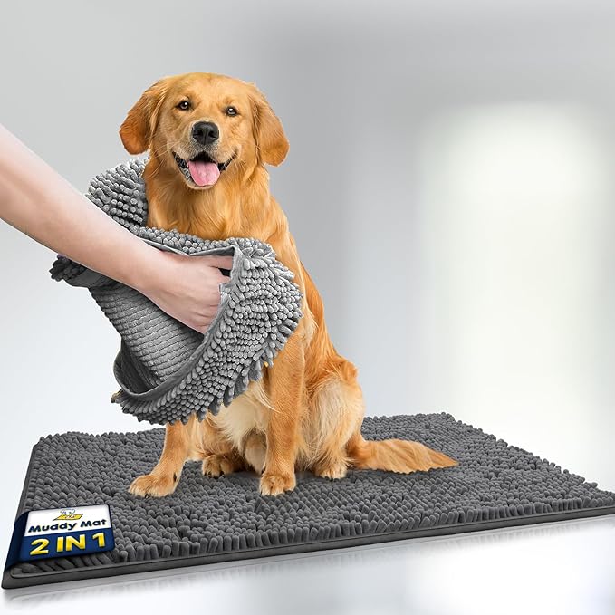 Muddy Mat® 2-in-1 Set: AS-SEEN-ON-TV Grey Microfiber Door Mat (30"X19") & Doggy Dryer Plush Shammy Towel - Non-Slip, Washable & Highly Absorbent Solutions for Soggy Paws & Clean Floors