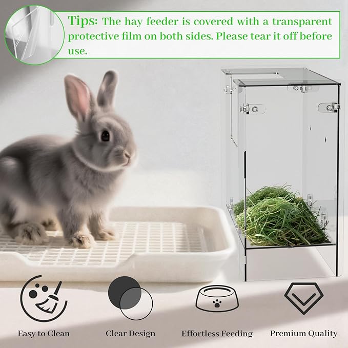 Acrylic Rabbit Hay Feeder with Lid, Transparent Hanging Food Dispenser Hay Feeder for Bunny Rabbits Guinea Pig Cage Chinchillas Hamsters Small Pets and Animals（Medium