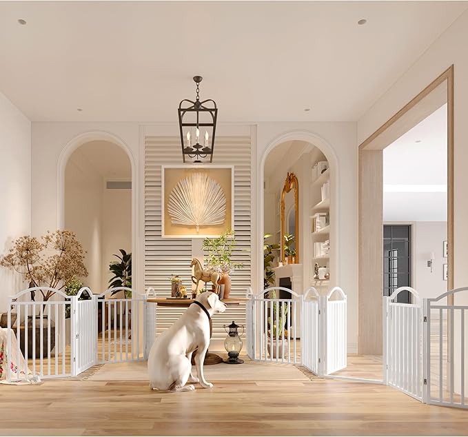 BHG Metal No-Assembly Freestanding Dog Gate with Door Walk Through, Extra Wide 144", Extra Tall 32" Pet Gate, Accordion Puppy Folding Playpen Dog Fence for Indoor & Outdoor, with 2PCS Support - White