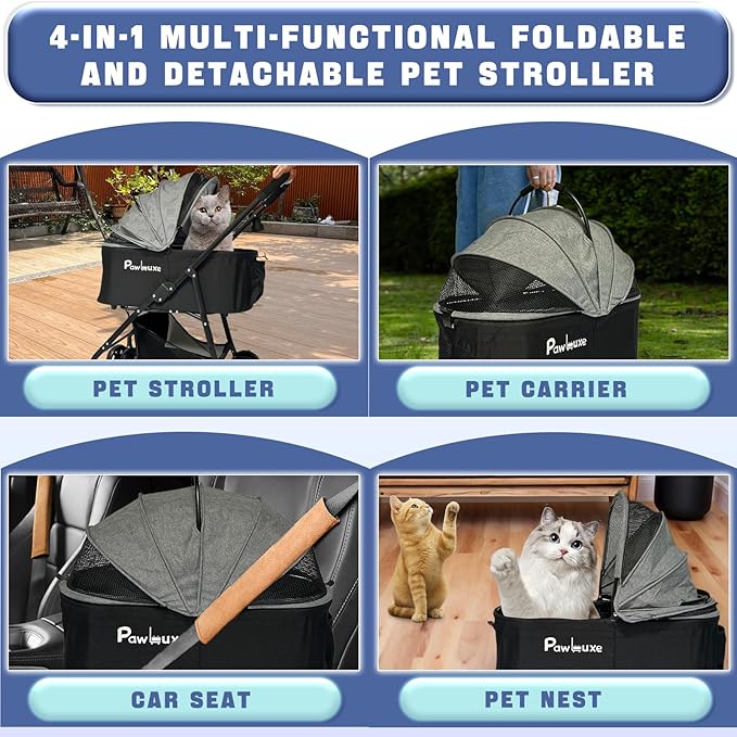 4 Wheels Pet Stroller 4 in 1 Pet Stroller with Detachable Carrier for Small & Medium Dogs Cats up to 55 lbs Easy-Folding Travel Dog Wagon with Car Seat Breathable Mesh,Khaki
