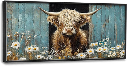 Large Farmhouse Highland Cow Country Wall Art for Living Room, Floral Canvas Oversized Wall Decor, Daisy Flower Animal Framed Pictures Painting Print Artwork for Bedroom Office 60"L x 30"W