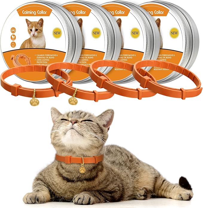 4 Pcs Cat Calming Collar Adjustable Lavender Scent Relaxing Cat Collar with 2 Pendant for Puppies Reduce Stress Aggression Anxious, up to 15 Inches(Orange)