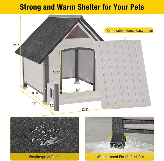 Aivituvin Dog House Outdoor with Metal Frame, Dog Kennel Outside for Small to Medium Breed, 45" Weatherproof Large Dog Shelter with Anti-Chewing Iron Frame, White (45" D x 32.9" W x 32.6" H)
