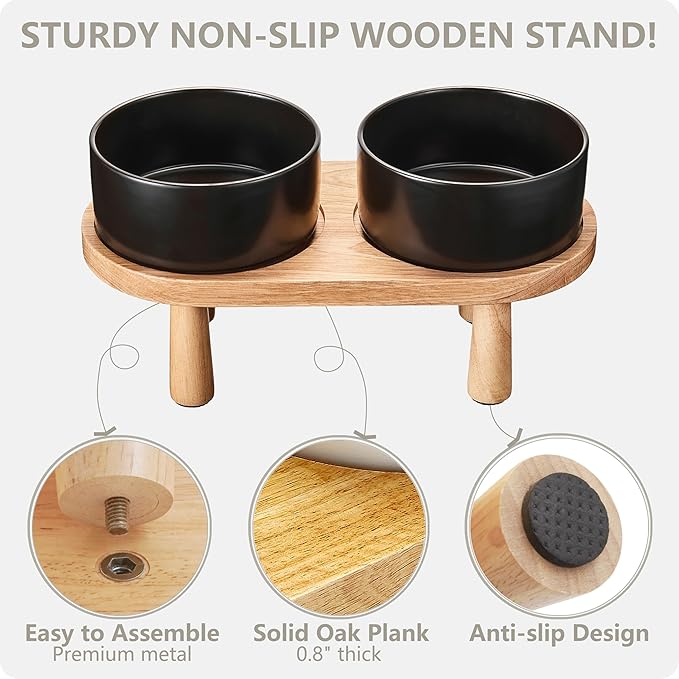 Ceramic Elevated Dog Bowls, Pet Food and Water Bowl Set for Medium and Small Dogs, 3.5 Cups Dog Bowls Raised with Wood Stand, 29OZ, Black