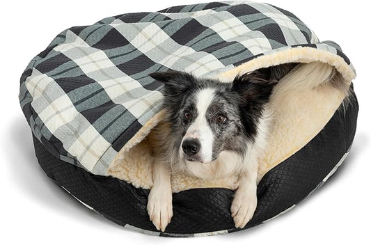 Snoozer Luxury Cozy Cave Dog Bed - Indoor Dog Bed with Cover Cave, Covered Calming Burrow for Small & Medium Sized Pets with Blanket Attached, Enclosed, Washable - Large, Barkely Black Diamond