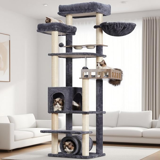 Cat Tree with Tunnel, Cat Tower for Indoor Cats, Tall Cat Tree Tower with Cat Condo, Food Station, Large Platform, Scratching Posts, Hammock, Smoky Gray GCT021G