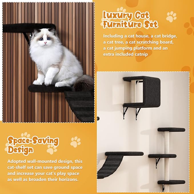 COZIWOW Wall Mounted Cat Furniture, Cat Wall Shelves and Perches, Floating Cat Shelves for Wall Set of 5 (Black)