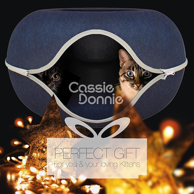 Cat Tunnel Bed for Indoor Cats, Medium Large, Donut Cave House up to 22 Lbs, Spacious for 2 Kittens (Dark Blue)