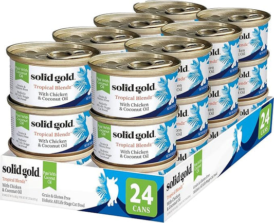 Solid Gold Wet Cat Food Pate in Coconut Oil - Healthy Canned Cat Food Pate w/Real Chicken, Omega Fatty Acids, Vitamins & Minerals - Grain Free & Gluten Free Canned Meals for Cats & Kittens - 24ct/3oz