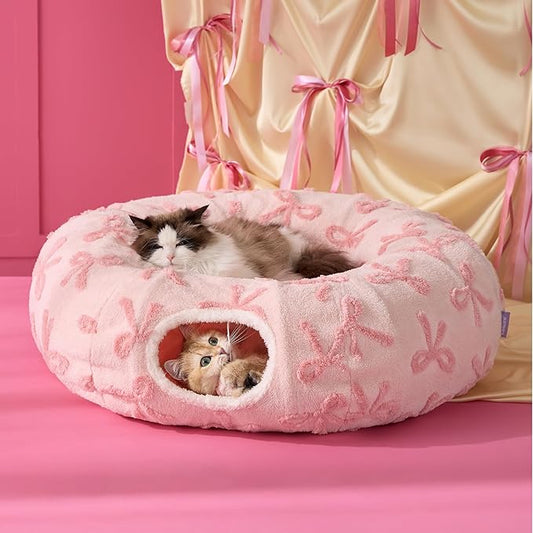 Lesure Cat Tunnel Bed for Indoor Cats - Cute Cat Donut Tunnel Toys with Washable Circle Cushion, Round Pet Peekaboo Cave Toy for Kitten/Puppy/Rabbit, Standard Pink Taffy