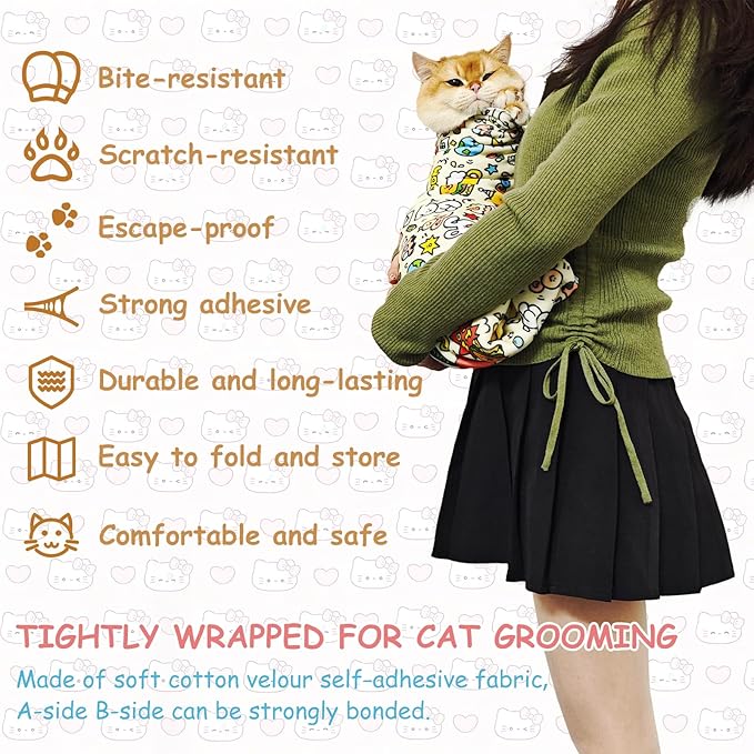 Cat Grooming Restraint Wrap – Self-Adhering Swaddle for Nail Clipping, Anti-Scratch & Escape-Proof, Calming Cat Swaddle Wrap for Grooming or Medication (Large, for 7–12 Month Kittens)
