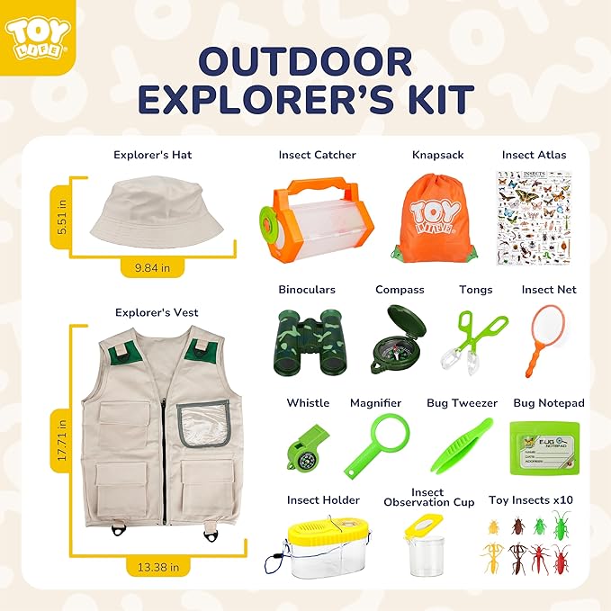 TOY Life Kids Explorer Bug Catcher Kit with Safari Costume, Binoculars Kids Outdoor Toys, Bug Toys, Butterfly Net, Camping Set Outdoor Activities Adventure Kit Nature Exploration Gifts Kid Ages 3-12