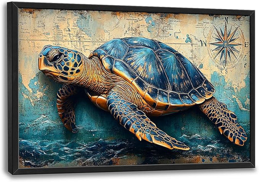 Large Nautical Turtle Wall Art for Living Room, Coastal Ocean Canvas Oversized Wall Decor, Beach Aesthetics Framed Pictures Painting Print Artwork for Bedroom Office 36L" x 24W"
