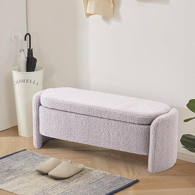48 Inch Lamb Fleece Oval Storage Bench Upholstered Ottoman Bench with Storage, Bedroom Bench with Large Storage Space, for Bedroom Living Room Entryway, Grey