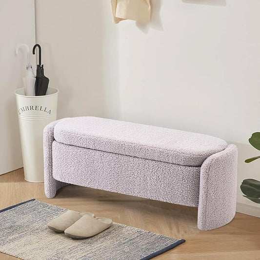 48 Inch Lamb Fleece Oval Storage Bench Upholstered Ottoman Bench with Storage, Bedroom Bench with Large Storage Space, for Bedroom Living Room Entryway, Grey