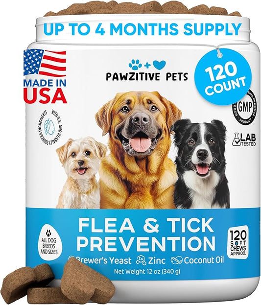 Chewable Flea and Tick Prevention for Dogs - 120 Soft Chews Made in USA - Oral Flea and Tick Control Pills for Small, Medium, Large Dogs and Puppies - Skin and Coat Supplement Treats for All Breeds