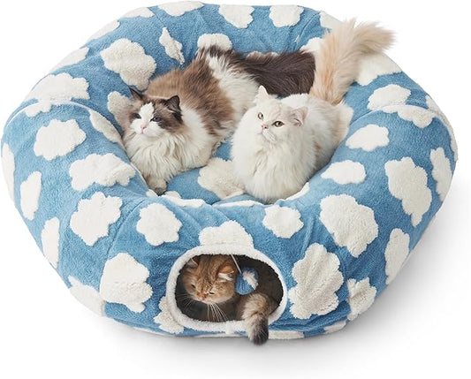 Lesure Large Cat Tunnel Bed - Cute Donut Bed for Indoor Cats with Washable Circle Cushion, Round Pet Peekaboo Cave Toy for Multi Kitten/Puppy/Rabbit, Large Blue