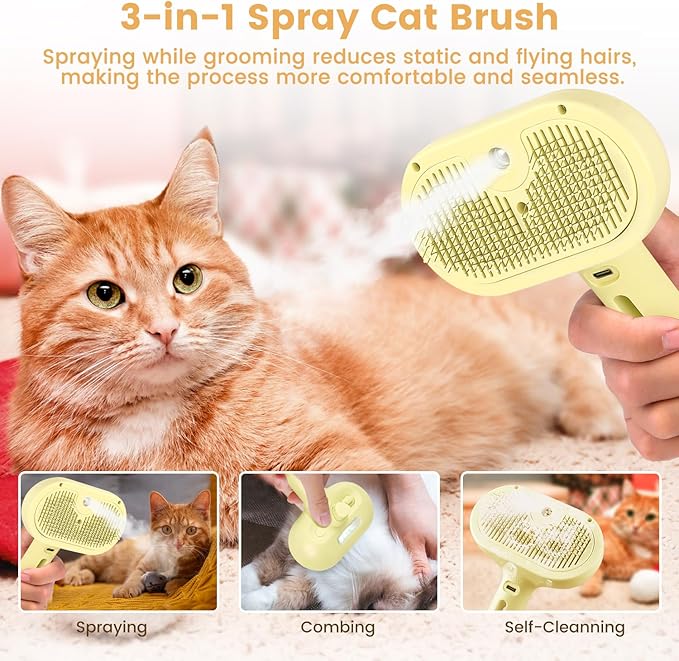 3 in 1 Cat Steam Brush, Pet Spray Hair Removal Comb for Shedding & Grooming, Water Brush for Cats Dogs Small Animals Long Short Haired with One-Click Release Button(Yellow)