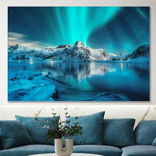 Nature Wall Art Prints - Ocean Forest Mountain Lake Canvas Landscapes - Small to Extra Large Living Room Bedroom Kitchen Bathroom Décor (Northern Lights Over Lake, 16L" x 24W")
