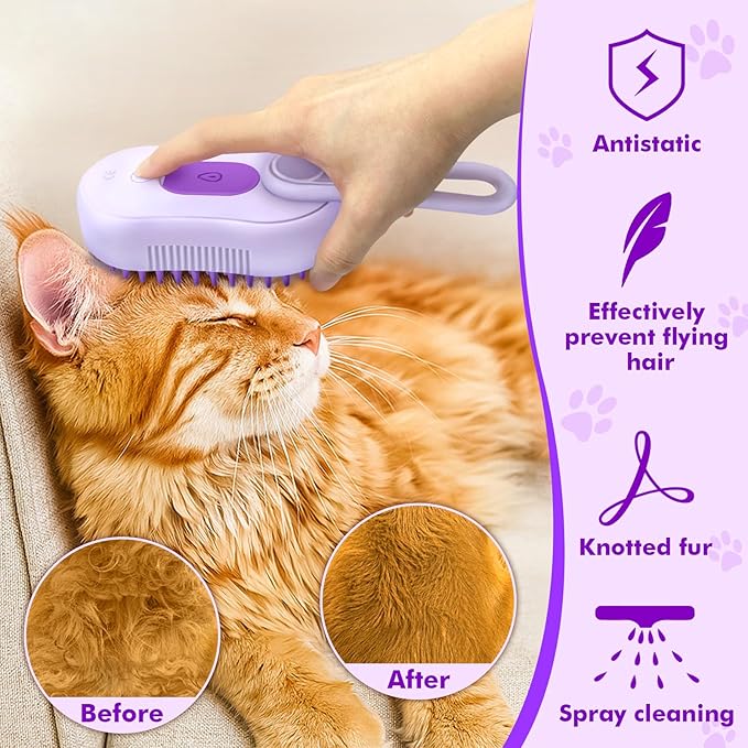 Cat Steam Brush,4 in 1 Rechargeable Pet Steam Brush for Cats and Dog,Anti-Static Cat Spray Brushes, Massage, Cleaning, Shedding and Combing for Long and Short Hair Cats and Dogs