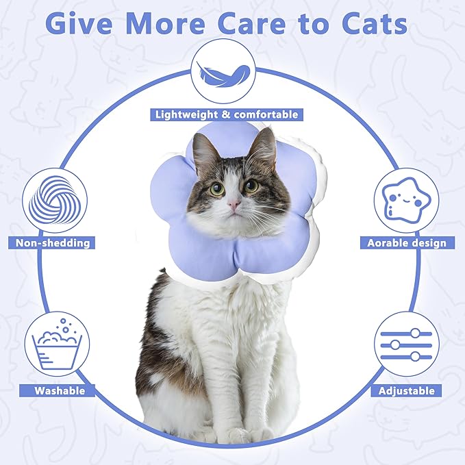Cat Cone Collar Soft, Waterproof Cats Cones to Stop Licking After Surgery, Adjustable Soft Elizabeth Cats Collars for Wound Healing, Flower Shape Cat Recovery Collar (Purple, Large)