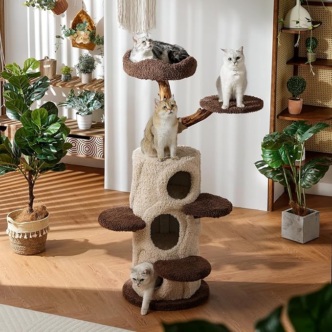 54.7'' Tall Modern Wood Cat Tree with 3 Level House, Luxury Cat Tower for Home Decoration, Large Cat Condo for Multi-Cat Families