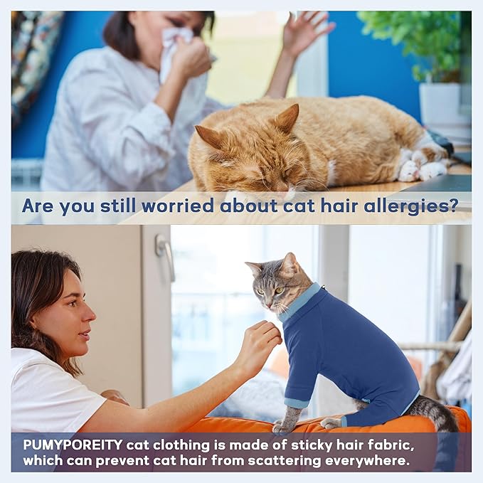 PUMYPOREITY Cat Recovery Suit, Stops Wound Licking After Surgery, Sticky Hair Shirt with Sticky Fabric, Cat Pajamas Prevents Over-Grooming, Blue, S