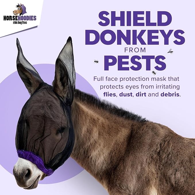 Donkey Fly Mask with Long Ears (Orange) Made in USA - Mule Fly Mask with Ears Protection from Insects and Bugs, Small Donkey Soft Mesh Fabric with Adjustable Fastener, Face Cover Supplies for Donkeys