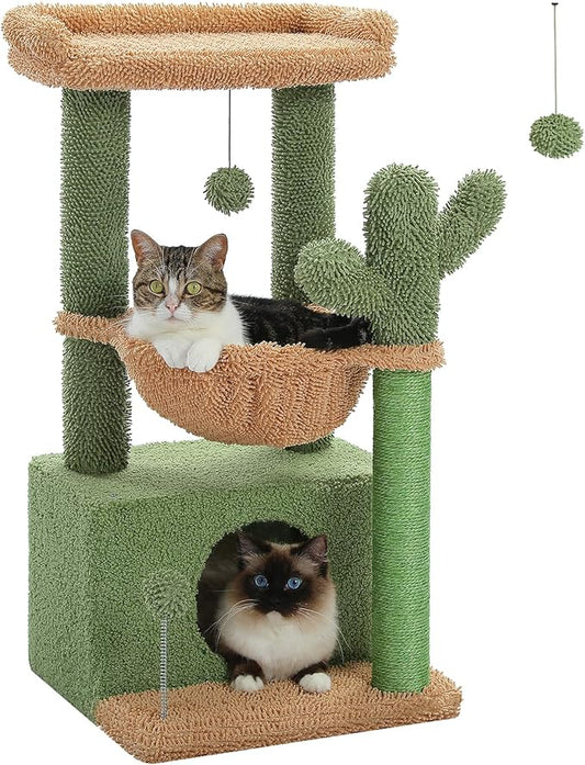 PEQULTI 4-in-1 Cactus Cat Tree, 33'' Cat Tower for Indoor Cats with Large Condo, Cat Scratching Post for Cats with Deep Hammock& Cozy Top Perch,Green