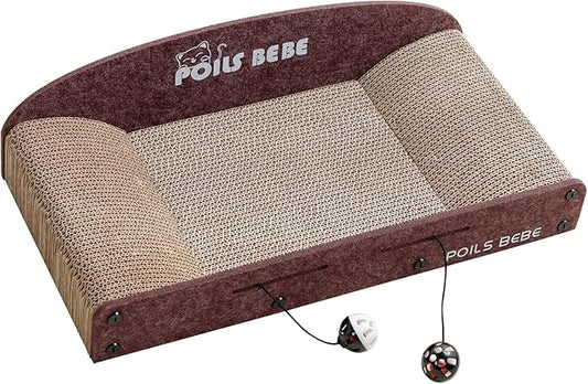 Poils Bebe 21 Inch Sofa Cat Scratcher, Small Cat Scratcher Cardboard with Bell Balls, Durable Couch Lounger for Indoor Cats, Cat Scratch Furniture Protector with Catnip, Cat Toys