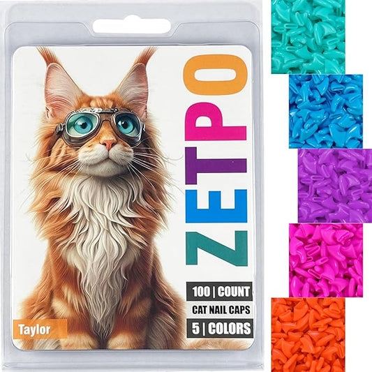 zetpo 100 pcs Cat Nail Caps | Cat Claw Covers | with Adhesives and Applicators (XS, Turquoise, Sky Blue, Purple, Rose, Orange Peel)
