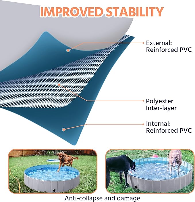 Yaheetech Grey Hard Plastic Dog Pools for Small Medium Large Dogs Puppies Pet Collapsible Bath Pool Tub for Outdoor/Home Use, Pet Repair Patches Included, XL