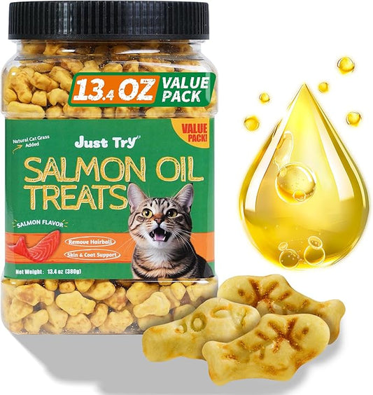 Just Try 13.4 0Z Cat Grass Treats Salmon Oil Natural Salmon Kitten Healthy Cat Treats Training Biscuits Snacks Fish Oil Omega 3 Supplements for Cats Joint Support & Skin Coat Health