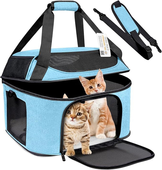 Large Cat Carrier for 2 Cats Soft Side Pet Carrier for Kitten Small Dog Collapsible Travel Small Dog Carrier, TSA Airline Approved Carrier for Large Cats 20 lbs, Blue