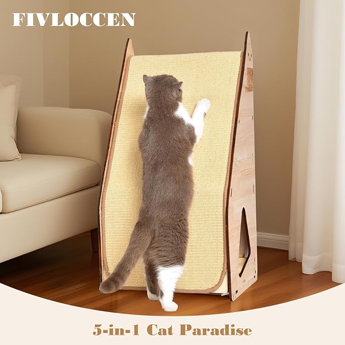 32in Cat Scratching Posts for Indoor Cats: Replaceable Sisal Mats & Sturdy 3D Wood Frame, Integrated Cat Condo, Hideout, Tunnel, All-in-One Space Saver for Multi-Cat & Budget-Friendly Homes