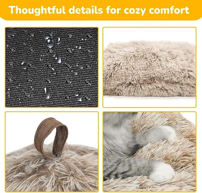 CATISM Cat Bed, Cat Cave for Indoor Cats, Soft Cat Dome, Self-Warming 2 in 1 Foldable Pet Cat House with Washable Cushioned Pillow Calming Fluffy Dog Beds for Small Dogs with Anti-Slip Bottom Brown