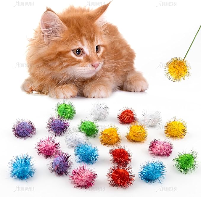 AUEAR, 20 Pack Sparkle Balls 1.5 Inches Tinsel Poms for Cats Pets Assorted Colors