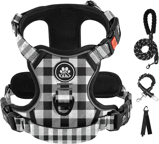 IVY&LANE No Pull Dog Harness with Leash Set, Reflective No Choke Pet Vest,Adjustable Oxford Dog Vest Harness with Easy Control Handle for Large Dogs (Checkered Black,L)