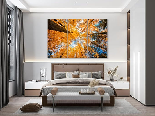 Nature Wall Art Prints - Ocean Forest Mountain Lake Canvas Landscapes - Small to Extra Large Living Room Bedroom Kitchen Bathroom Décor (Blue Sky Through Yellow Autumn Trees, 47L" x 71W" - 3 panels)