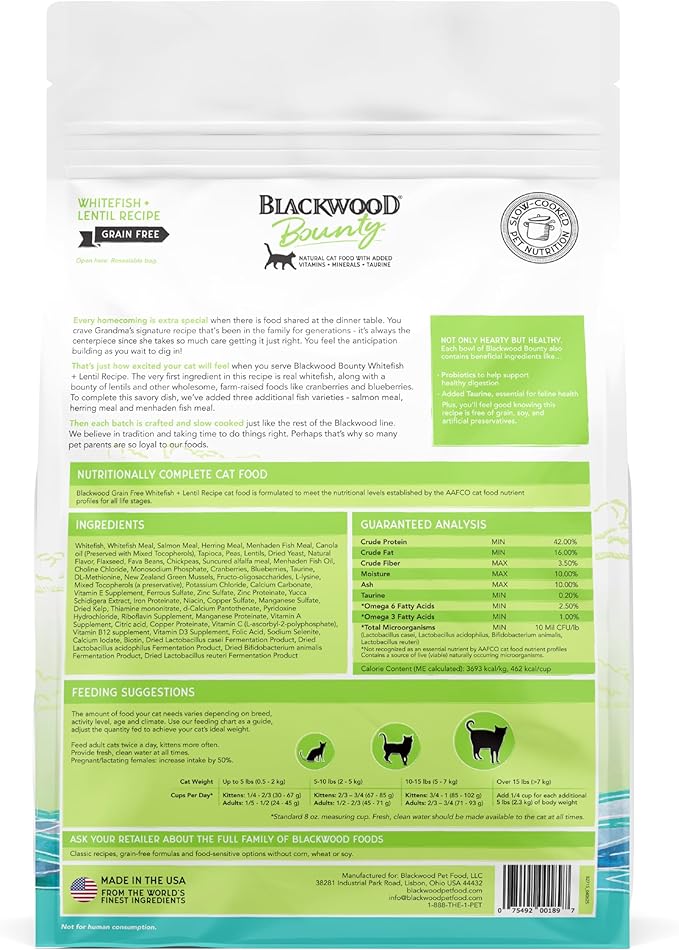 Blackwood Bounty Dry Cat Food, Whitefish & Lentil Recipe for All Life Stages, 10 Pound Bag, High Protein, Grain Free
